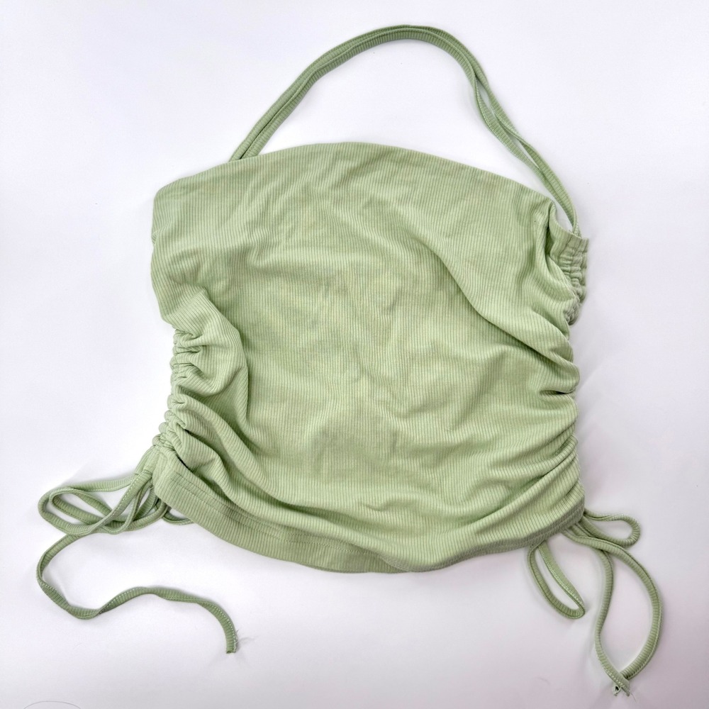 OGL Halter Crop Top Womens Small Sage Green NWT Ribbed Ruched Drawstring Side